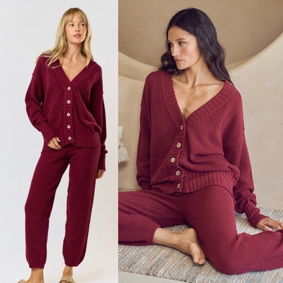 Lalavon Pants - Lalavon Cardigan and Jogger Set Burgundy Red Small